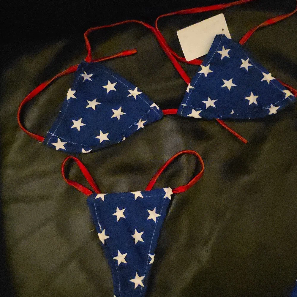 Sexy American Flag Swimsuit Triangle Top And Thong With Coverup 3 Piece - Picture 4 of 11